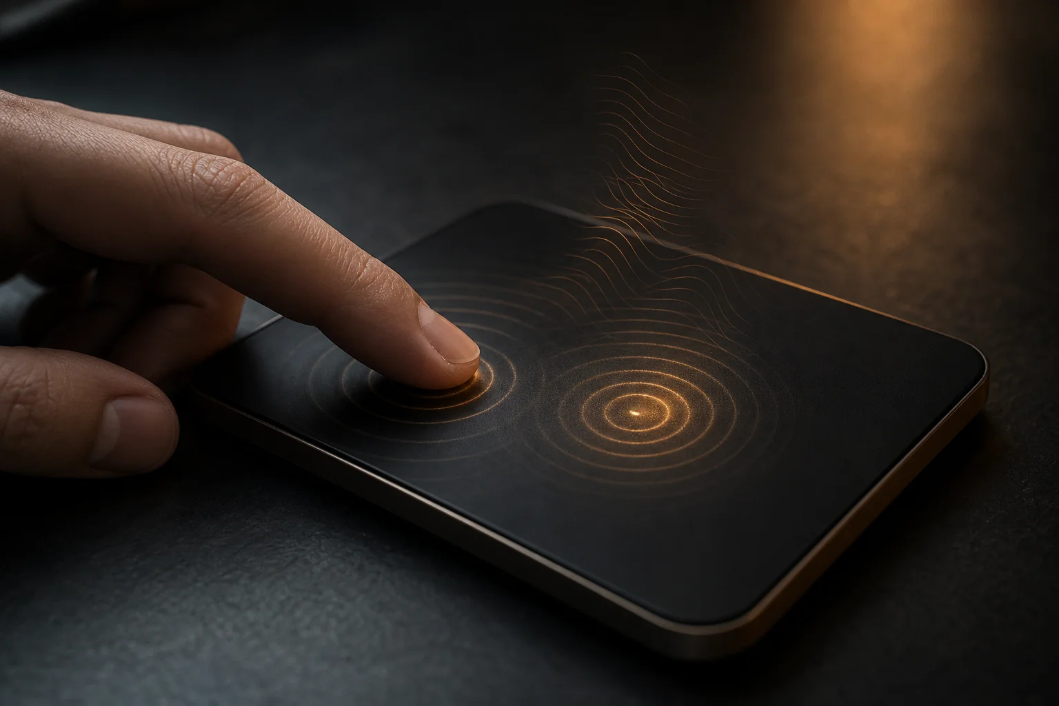 A fingertip touches a dark tablet-like surface with glowing concentric rings on a table.