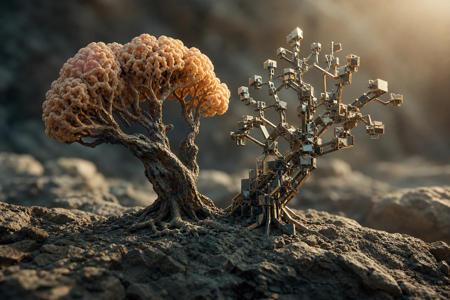 A brain-shaped tree and a metallic branching structure stand on rocky ground in warm light.