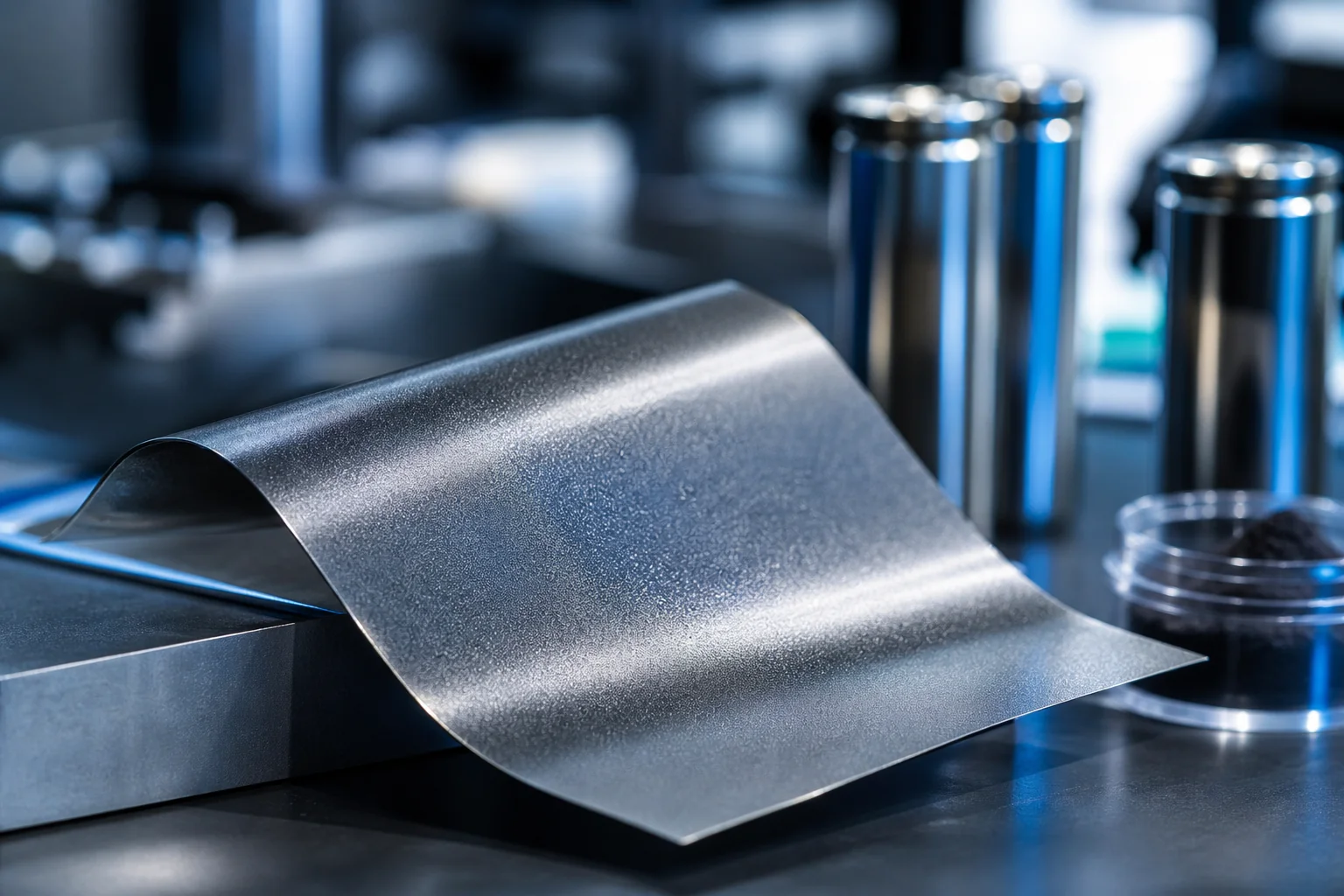A curved metallic sheet rests on a lab bench beside shiny cylindrical containers in blue light.