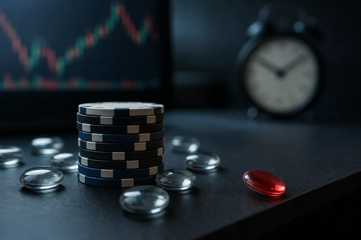 Stacked poker chips on a dark table with glass pebbles, a blurred clock, and a stock chart in the background.