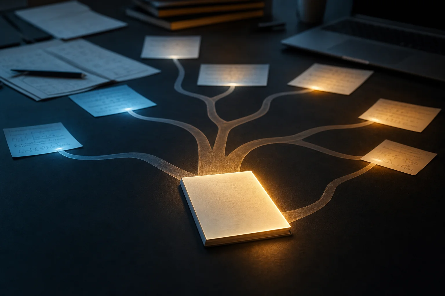 A glowing notebook sits on a dark table, with branching lines connecting to several paper cards around it.